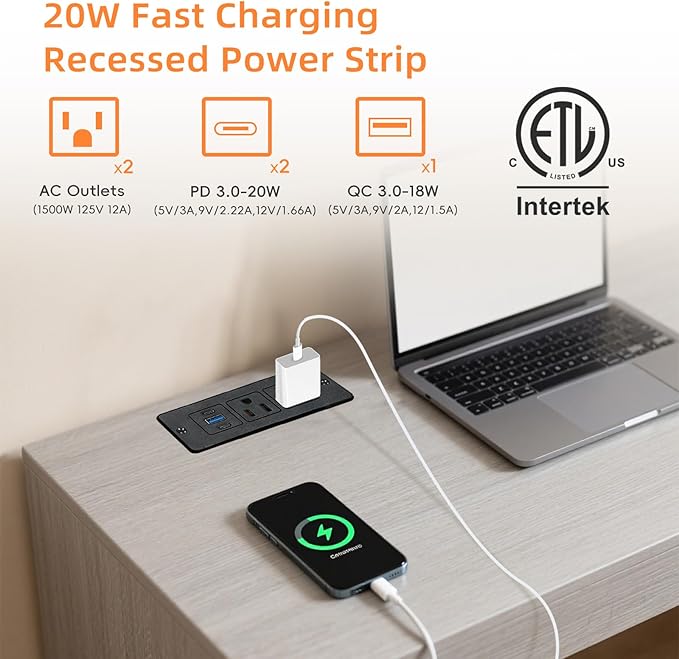 Recessed Power Strip USB, 20W Fast Charging Furniture Outlet - 2 AC & 3 USB (2 USB-C + 1 USB-A) for Desk, Bedside, Drawer, Conference Table - Space-Saving, Easy Install, 6FT Cord, Black
