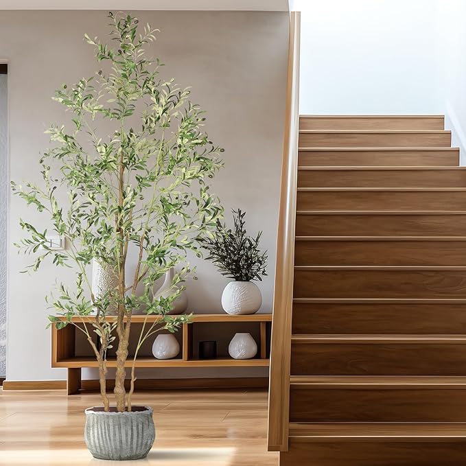 8.2ft Artificial Olive Tree (96in) with Plastic Nursery Pot Faux Olive Silk Tree, Fruits Fake Plant for Office House Farmhouse Living Room Home Decor (Indoor/Outdoor)