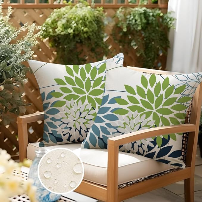 RABUSOFA Outdoor Pillow Covers 20x20 Inch Set of 2 Green Blue Flower Decorative Waterproof Spring Summer Floral Outdoor Cushion Covers for Patio Funiture Garden Couch Decor
