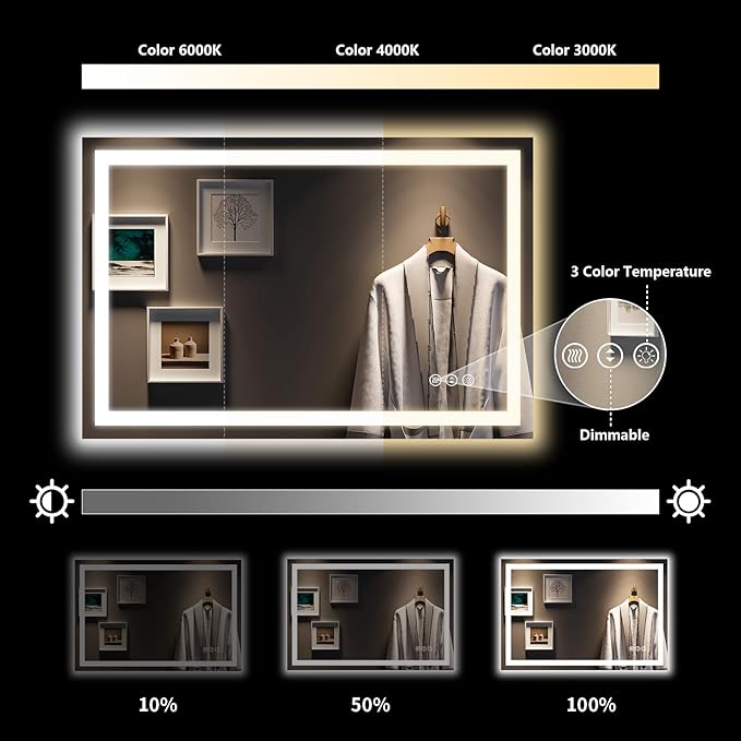 YEELAIT 48x32 Inch LED Bathroom Mirror with Lights Front and Backlit Lighted Vanity Mirror for Bathroom Wall with 3 Colors Dimmable Anti-Fog Memory Shatter-Proof IP54 Waterproof Horizontal/Vertical