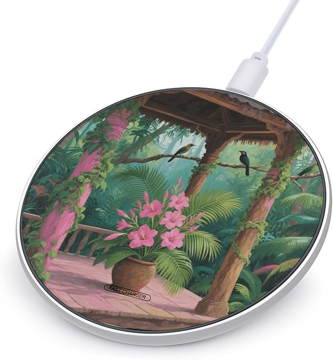 Tropical Flowers Palm Leaves Wireless Charger with USB CableAluminum Alloy Frame 10W Max Compatible Fast Wireless Charging Pad- 3.2ft Cable Included for Travel Home Office Desk