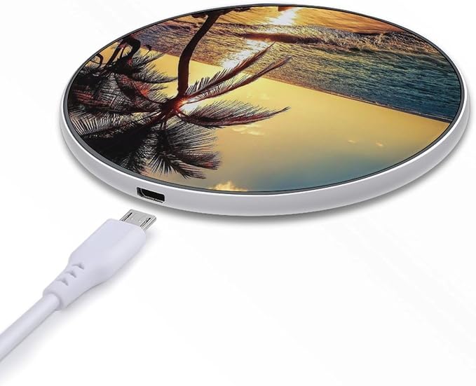 Night Beach View Wireless Charger Portable 10W Fast Wireless Charging Pad Compatible with Phone Ultra-Thin Charging Station Lightweight Charger Mat for Travel Home Office Desk