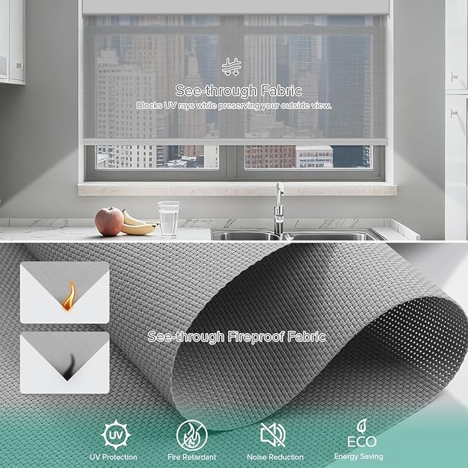 Kilonity Motorized Roller Shades, Light Filtering Remote Control Custom Window Shades Compatible with Alexa Google Assistant via RF Hub, Rechargeable Electric Blinds for Windows (Fireproof Grey)