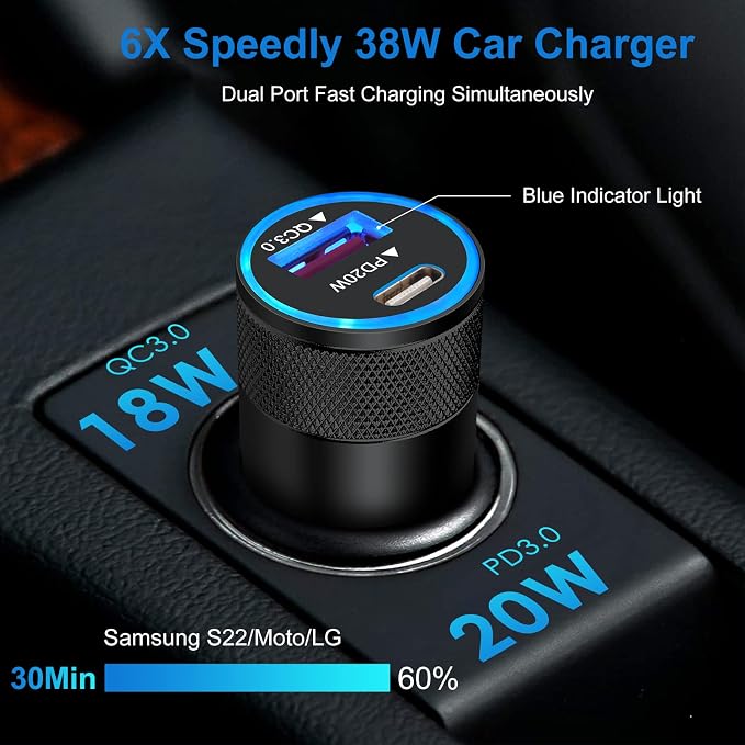 Samsung Android Phone Charger Fast Charging for Galaxy A17 A16 S25 Ultra S24 A15 A13 A14 5G A53 S22 FE S21 A25 A23 20W Power Wall Charger Plug38W USB C Cigarette Lighter Adapter3+6FT Type C Cable