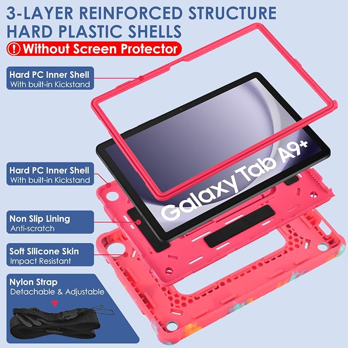 DETUOSI Case for Samsung Galaxy Tab A9+/A9 Plus Case 11 inch 2024/2023 (SM-X210/X216/X218) Heavy Duty Protection Shockproof Rugged Case for Galaxy Tab A9 Plus with Stand and Shoulder Strap