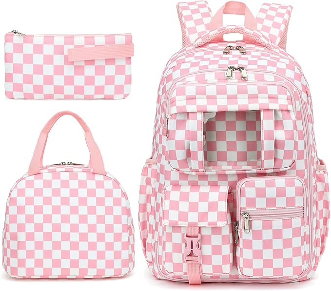 Girls School Backpack Set - Teens Kids School Bag Bookbag with Lunch Box Pencil Case for Elementary Middle School (Checkered Pink)