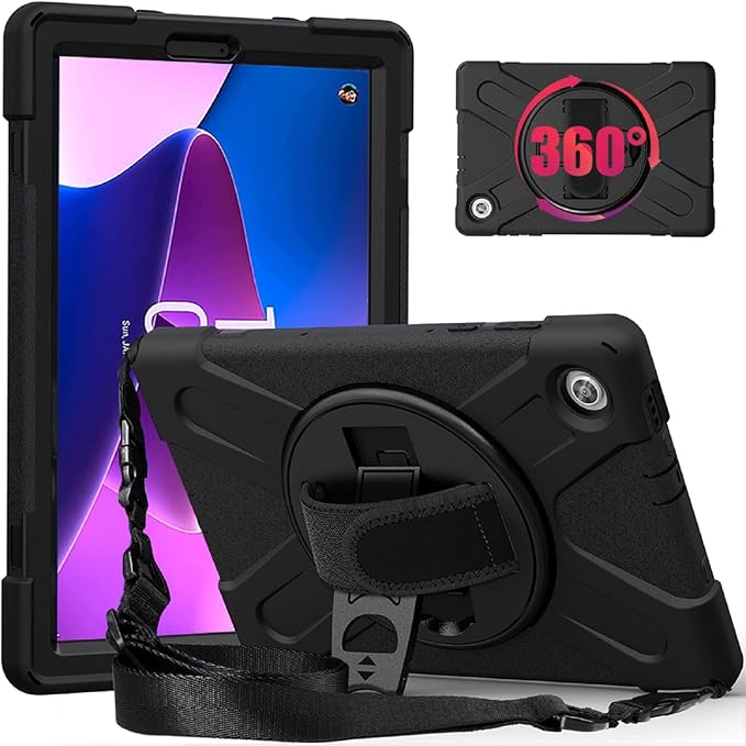 Junfire Shockproof Case for Lenovo Tab M10 Plus 3rd Gen 10.6" 2022, Heavy Duty Rugged Case with Hand Strap/360°Rotating Kickstand/Shoulder Belt for TB-125F/TB-128F, Black