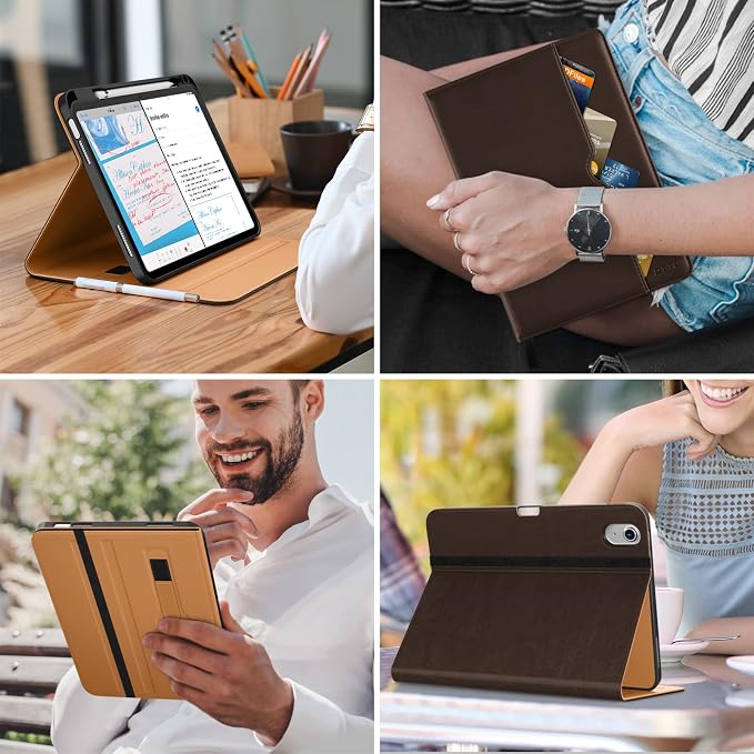 DTTO for iPad (A16) 11th Generation 11-inch &amp 10th Gen Case Brown | Premium Leather Business Cover with Pencil Holder Hand Strap &amp Pocket Corner Protection Auto Sleep/Wake for Work &amp