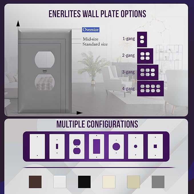 ENERLITES Duplex Receptacle Outlet Wall Plate, Jumbo Electrical Outlet Covers, Gloss Finish, Oversized 1-Gang 5.51" x 3.50", Polycarbonate Thermoplastic, 8821O-GY-10PCS, Gray, 10 Pack