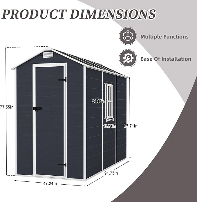 4' x 8' Resin Storage Shed Outdoor, PP Material & Strong Structure for All Weather, Plastic Garden Shed w/Window for Garden, Backyard, Poolside and Lawn, 15mm Thick PP Board - Dark Grey