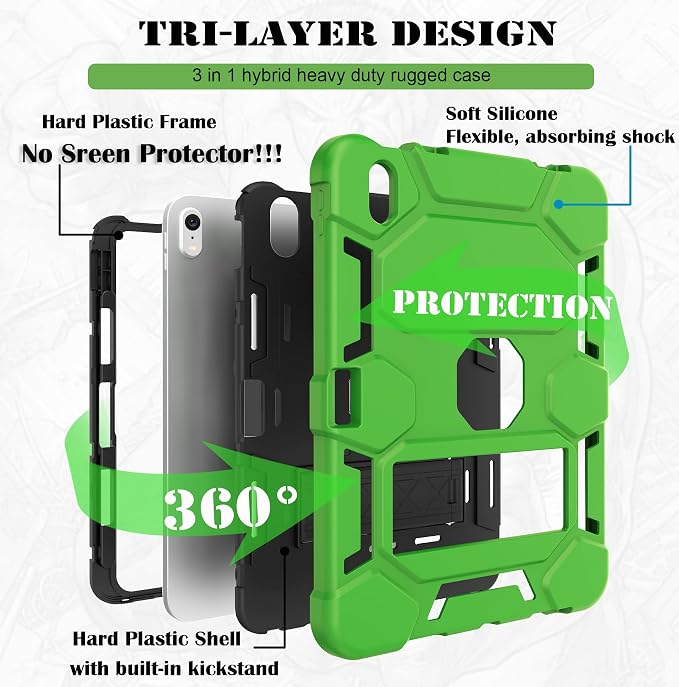 Case for iPad 11 11th Gen (A16) 2025 &amp 10th Gen 2022 10.9 Purple+Green | Kickstand | With Pencil Holder | Drop-Proof Silicone+Hard Shell | Raised Edge Protects Screen&ampCamera | Heavy Duty Pr