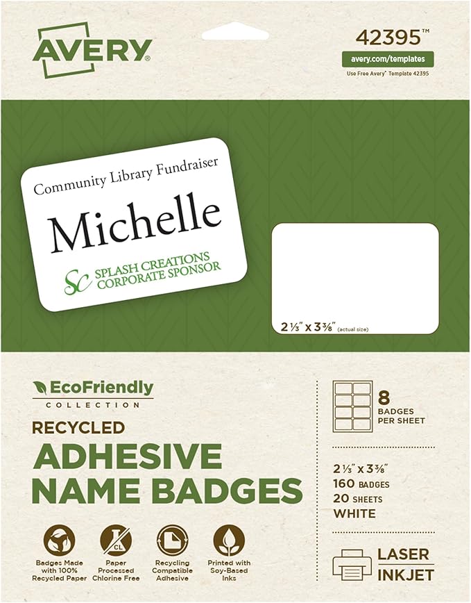 Avery EcoFriendly Recycled Name Tags, 2-1/3" x 3-3/8", White, Removable Adhesive, 160 Printable Name Badges (42395)