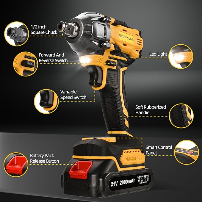 Cordless Impact Wrench, 21V Torque Power Impact Driver, 1/2" Power Impact Wrenches with 2 * 2.0Ah Batteries with 19 Accessories, Electric Impact Motor Variable Speeds for home installation (Yellow)