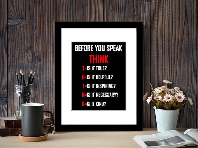 Wieco Art Think Quotes Wall Art Inspirational Canvas Print Motivation Classroom Decor With Black Picture Frame and HD Plexiglass Made to Display 8x10" with Mat or 11x14" Without Mat