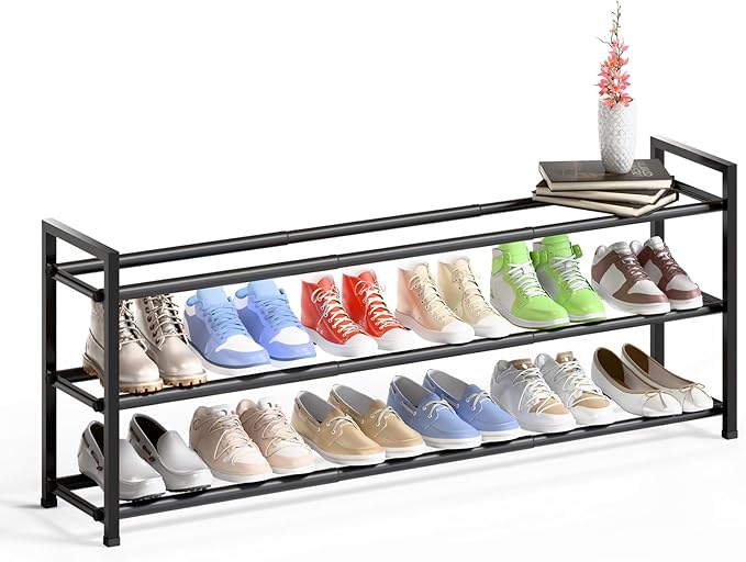 Bumusty 3-Tier Long Expandable Shoe Rack for Closet, 18"-44" Adjustable Shoe Rack for Entryway, 15-18 Pairs Large Shoe Organizer Shelf Storage, Sturdy Metal, Black