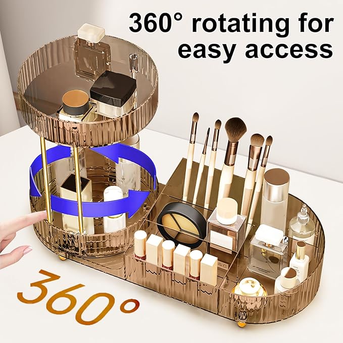 DASITON 360° Rotating Makeup Organizer for Vanity, 2 Tier Perfume Cosmetic Skincare Organizers with Makeup Brush Holder, Large Capacity Cosmetic Display Case for Bedroom Bathroom Countertop (Coffee)