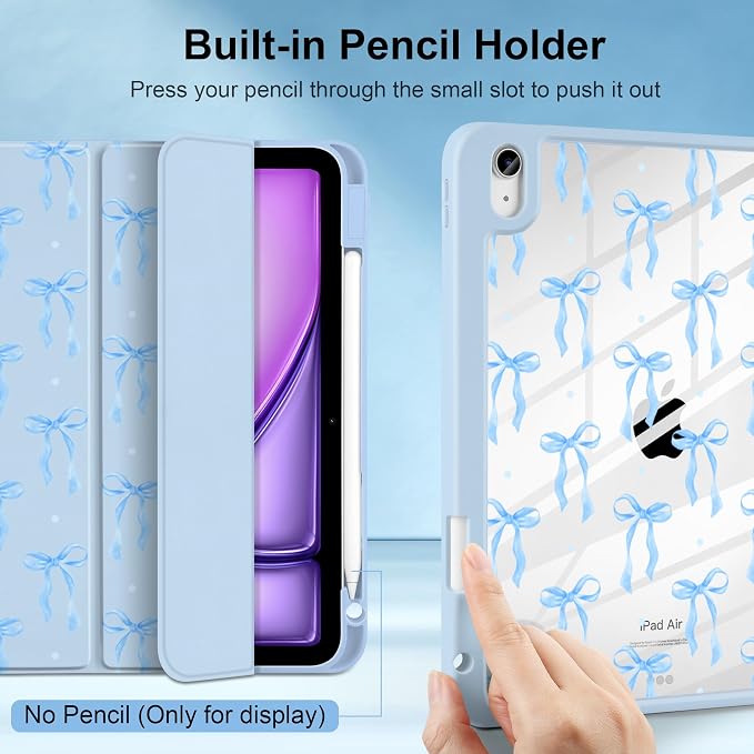 MecBevia Case for iPad Air 11-inch M4 2026 / M3 2025 / M2 2024 | Built-in Pencil Holder Shockproof Clear Hard Back Trifold Stand Auto Wake/Sleep Blue Bow