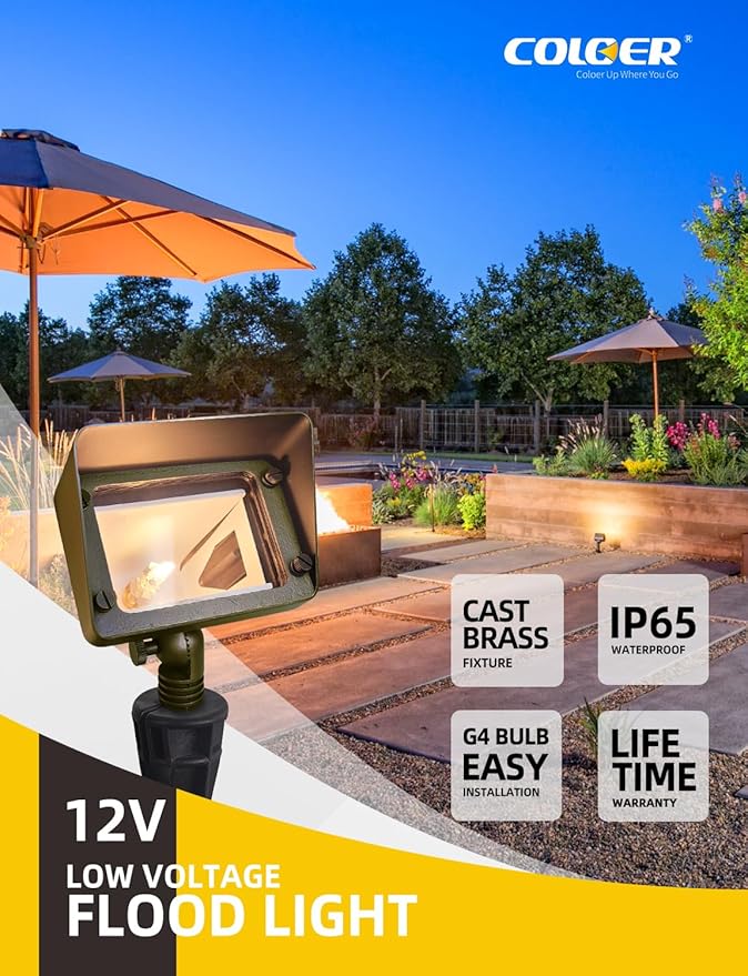 COLOER Brass Rectangular Flood Lights 10-Pack with 4W 2700K LED G4 Bulb, 12V Low Voltage Landscape Floodlights for Outside, Outdoor Wall Lights Illuminating Signs, Walls and Plant Material