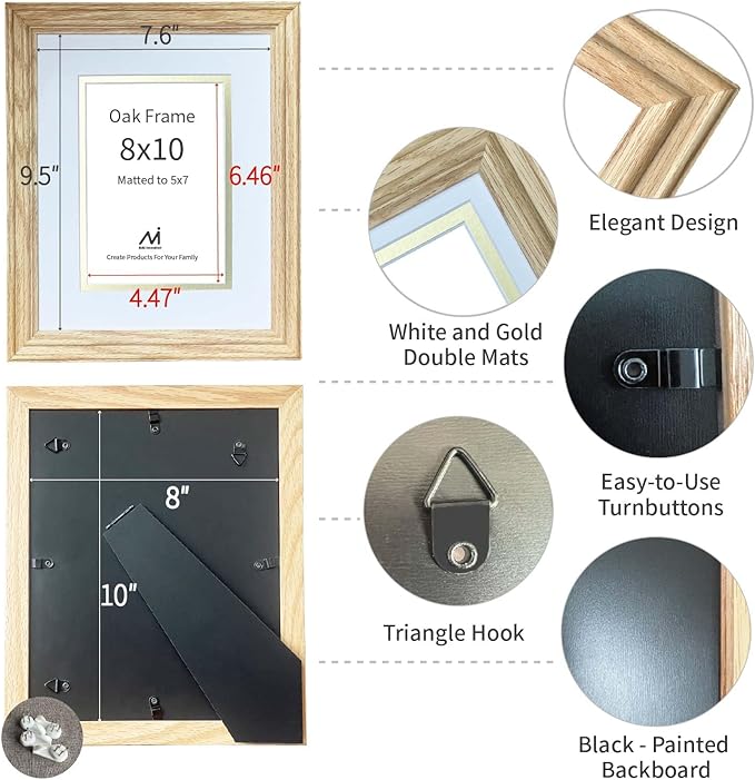 8x10 picture Frame Matted to 5x7, 5*7 Picture Frame with Mat ,8*10 Solid Oak Wood Picture Frames Tabletop or Wall Mount Display，8 by 10 Premium Photo Frame with Real HD Tempered Glass ,Oak Color, 1 Pack