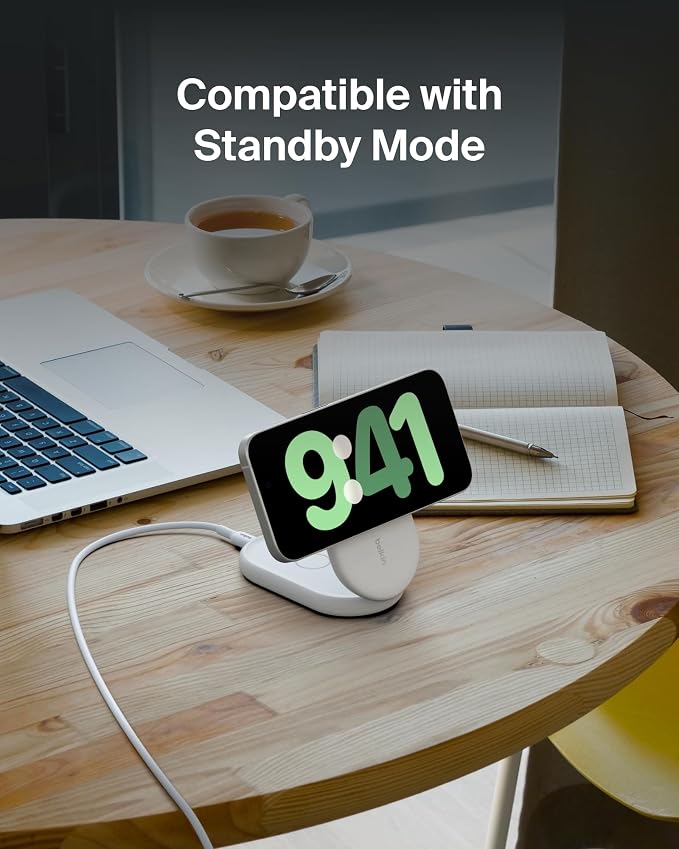 Belkin Qi2 15W Magnetic Wireless Charger 2 in 1 Foldable Non-Slip | MagSafe compatible iPhone 16 Apple Watch Samsung Galaxy S25 compatible power adapter included