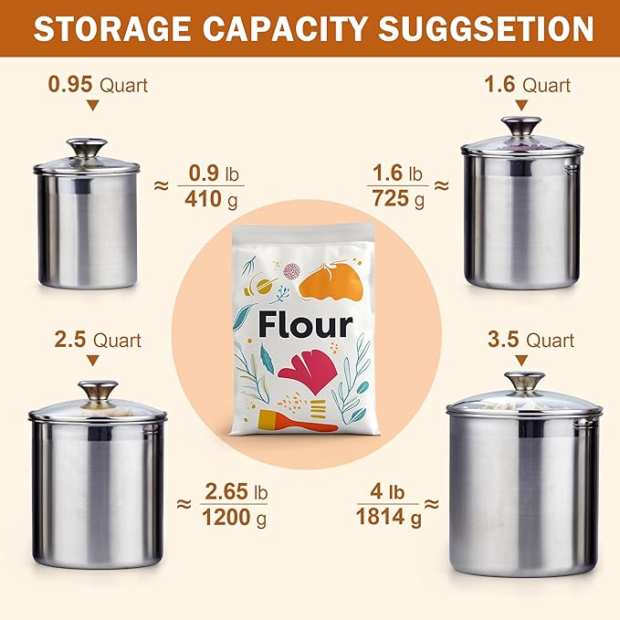 Cooks Standard Stainless Steel Food Jar Storage Canister Set Medium 4-Piece, 0.95qt/1.6qt/2.5qt/3.5qt Airtight Containers with Glass Lid for Tea Coffee Sugar Flour