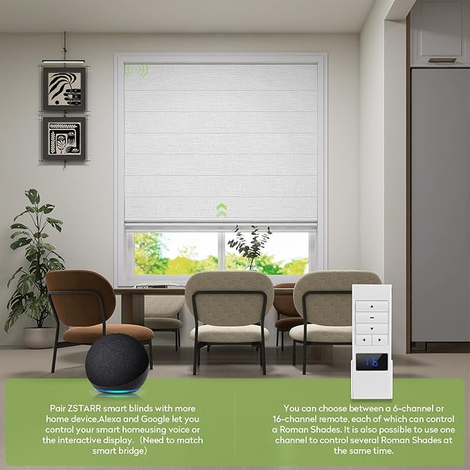 ZSTARR Smart Roman Shades Rechargeable Motorized Blinds with Remote Full Blackout Roman Window Shades Plain Fold Soft for Doors Bedroom, Custom Size (White)