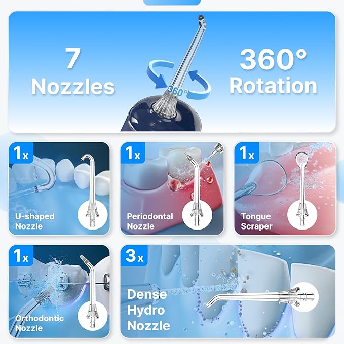 Water Flosser for Teeth, Cordless Oral Irrigator Portable Dental Cleaner Picks with 8 DIY Modes 7 Jets 300ml Tank Braces Flossers Rechargeable (Blue)