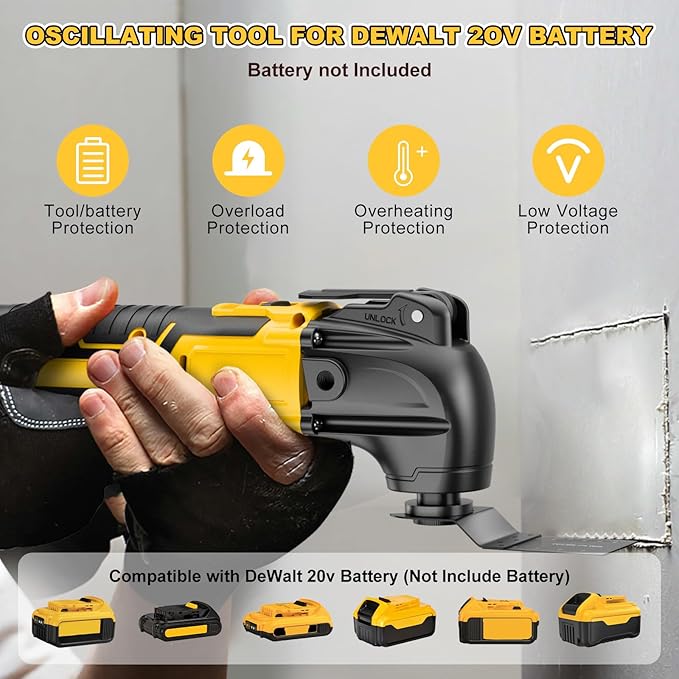 Cordless Oscillating Tool for Dewalt 20V Battery,6 Variable Speed Brushless-Motor Tool,22Pcs Oscillating Multi Tool Kit for Cutting Wood Drywall Nails Remove Grout & Sanding(Tools Only)