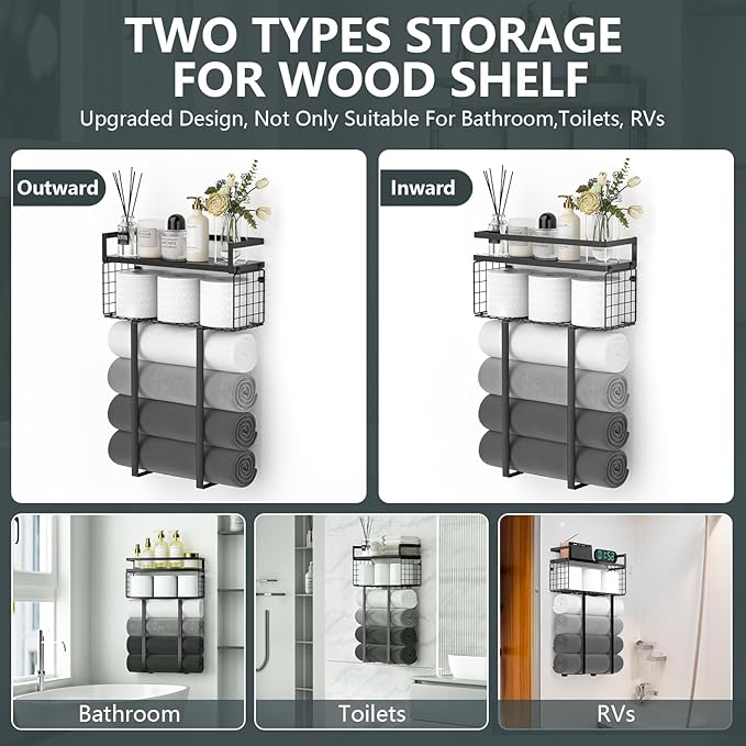 Xstydes Towel Racks for Bathroom, Metal Towel Holder with Storage Basket,Wall Towel Rack for Rolled Towels, Towel Storage for Small Bathroom,Black