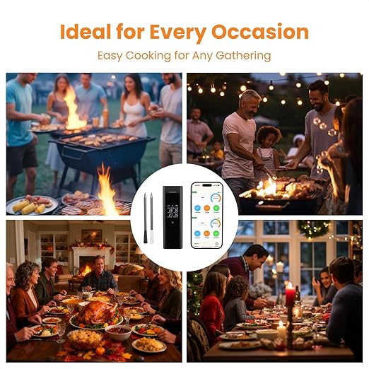 Grebilux Wireless Meat Thermometer with 2 Color-Coded Probes, ±1.8° F Accuracy, IP67 Waterproof, App Control & Real-Time Monitoring, Two-Way Alerts for Kitchen, BBQ, Grill, Oven, Smoker