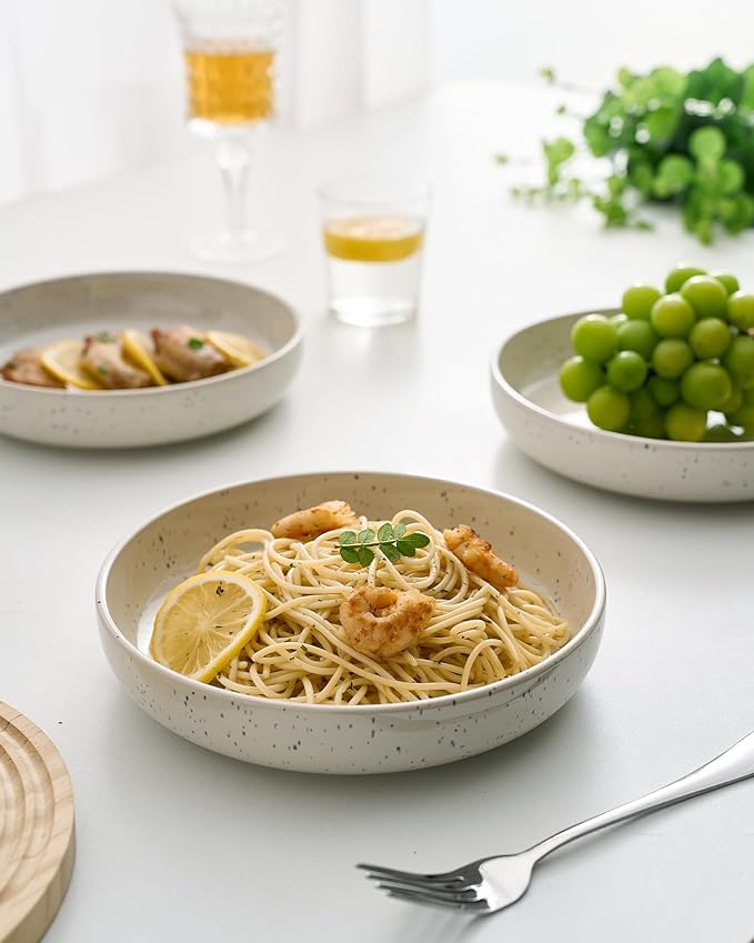 famiware Milkyway 33 oz Bowl Set, Pasta Bowls Set of 4, Salad Bowls, Double Reactive Glaze, Sturdy & Stackable, Ideal for Housewarming, Festivals, Creamy White with Speckles