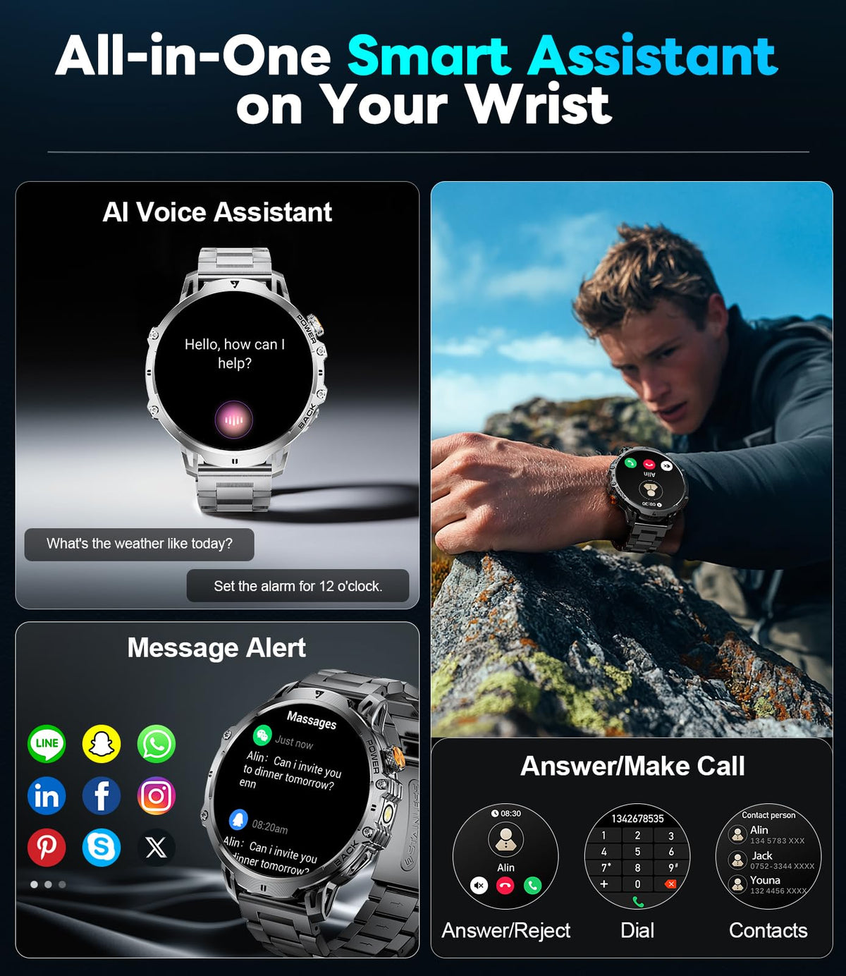 LIGE Military Smart Watches for Men(2 Bands),1000mAh/1.85" HD Large Screen Smartwatch, Flashlight/110+ Sports Modes/Sleep Monitor, Fitness Tracker Watch for Android iOS,Black