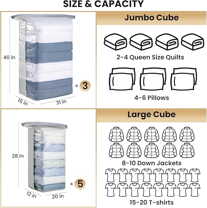 TAILI 8 Pack Vacuum Storage Bags, Cube Space Saver Bags Combo(3 Jumbo +5 Medium), Vacuum Seal Bags for Bedding, Clothing, Comforters, Blankets, Closet Oragnizaer and Space Saving
