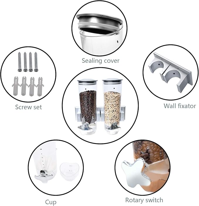 Milky House Food Dispensers Wall Mount, 2 Pack Dry Cereal Dispenser, Convenient Storage Dual Control for Cereal Nuts, Coffee Beans Trail Mix Candy Oatmeal Rice Pasta Candy Container, Cereals Bank 3L
