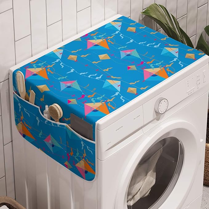 Ambesonne Kites Washing Machine Organizer, Vibrant Flying Kite on Cables with Flags Happy Joyful Summer Activity Illustration, Anti-slip Fabric Cover for Washers and Dryers, 47" x 18.5", Multicolor
