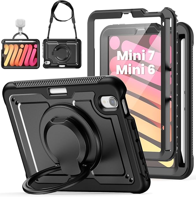 Case for iPad mini 7 (A17 Pro) 2024/ Mini 6 8.3'' with Pencil Holder Screen Protector [360 Rotating Hand Strap] &ampStand &ampShoulder Strap Shockproof Case for iPad mini 7th/6th Generation Purple
