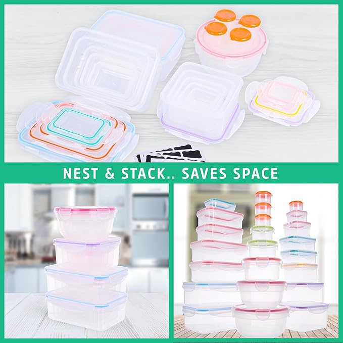 RockBerry 46 PCS Food Storage Containers with Lids Airtight- Plastic Container for Pantry Kitchen Organization-Microwave Dishwasher,Freezer Safe 100% Leak Proof (23 Stackable Boxes-23 Lids)