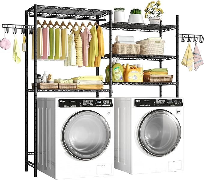 Ulif U5 Over the Washer and Dryer Storage Shelf, Laundry Room Space Saver Bathroom Storage and Organizer Rack for Hanging Towels and Drying Clothes with 5 Wire Shelves, 58.2"W x 13.4"D x 77.5"H, Black