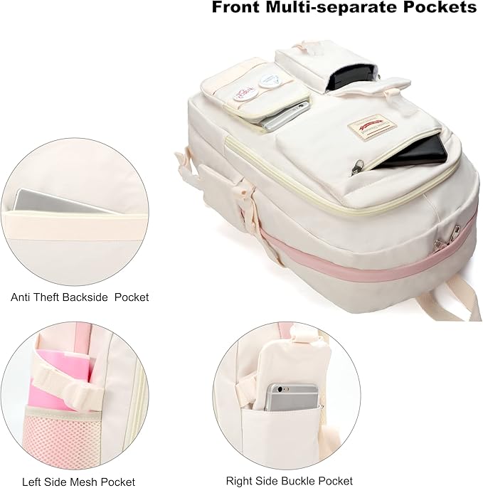 School Backpack for Teen Girls Women College Laptop Backpacks Kids Cute Bookbag Set with Lunch Box Pencil Case Elementary Middle High Campus Bag 3 Pcs Students Bookbags Sets Travel Daypack-Beige