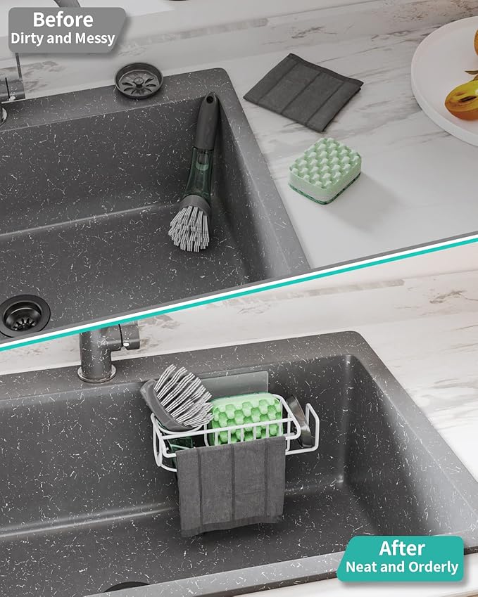 HapiRm Sponge Holder for Kitchen Sink, No Drill Kitchen Sink Caddy Organizer, Rustproof and Waterproof Dish Sponge Holder - White(8.65 * 3.54 * 2.36 in)