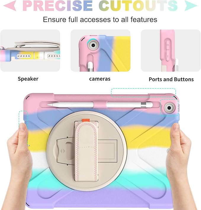 BLOSOMEET Case for iPad 9th/8th Generation 2021/2020 10.2 Inch for Kids Girls Cute w/Tempered Glass Screen Protector & Pencil Holder, iPad 7th Gen 10.2 Cover 2019 Pink w/Stand Hand Shoulder Strap