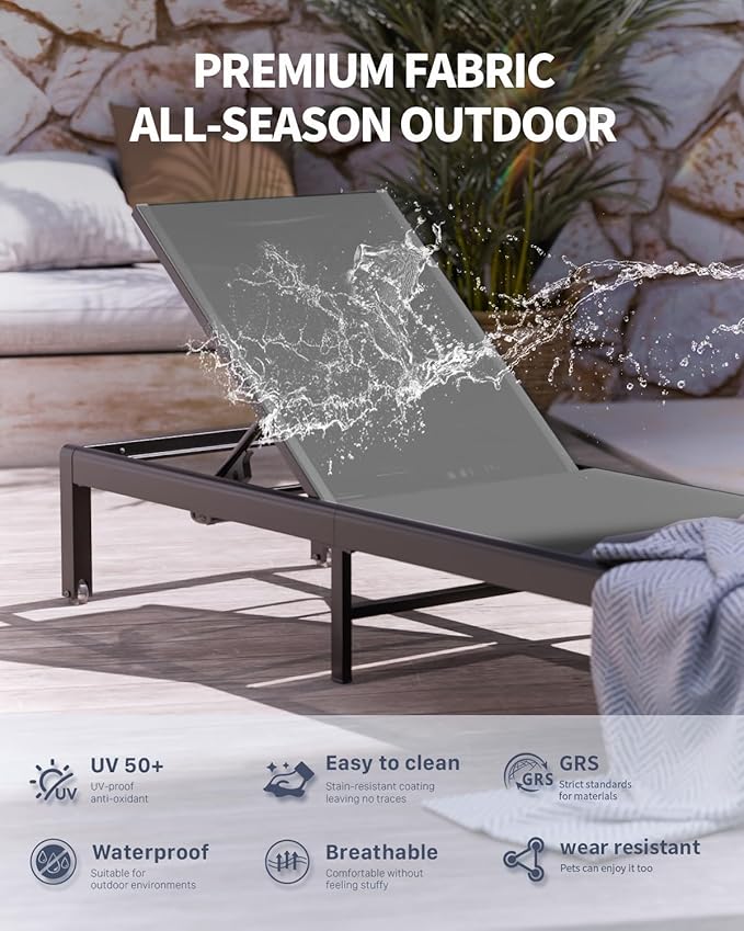 Aluminum Lounge Chairs Outdoor Chaise Furniture,2 Sets Patio Metal Deck Lounger Adjustable 5-Position Poolside Chase Recliner with Wheels for Beach,Coffee Table, (Gray, 2 Chairs + Table)