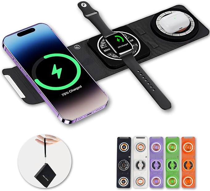 Fold 'N Style 3-in-1 Foldable Magnetic Wireless Charger Keychain 15W Travel Fast Charger for iPhone 15/14/13/12 Pro/Max/Plus Apple Watch AirPods Samsung Galaxy/Note Charge 2 Phones Simultaneously