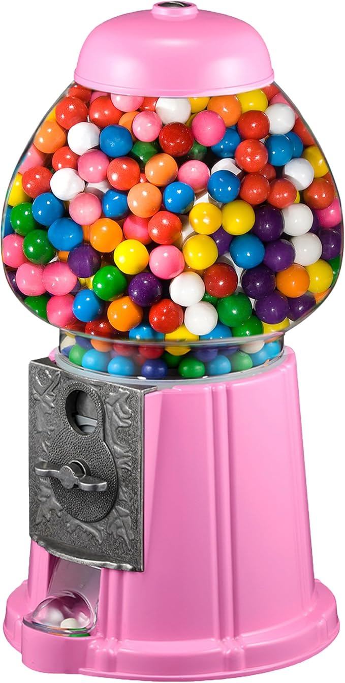 11-Inch Mini Gumball Machine - Vintage Candy Dispenser with Glass Globe, Metal Base, and Free Spin Coin Mechanism by Great Northern Popcorn (Pink)
