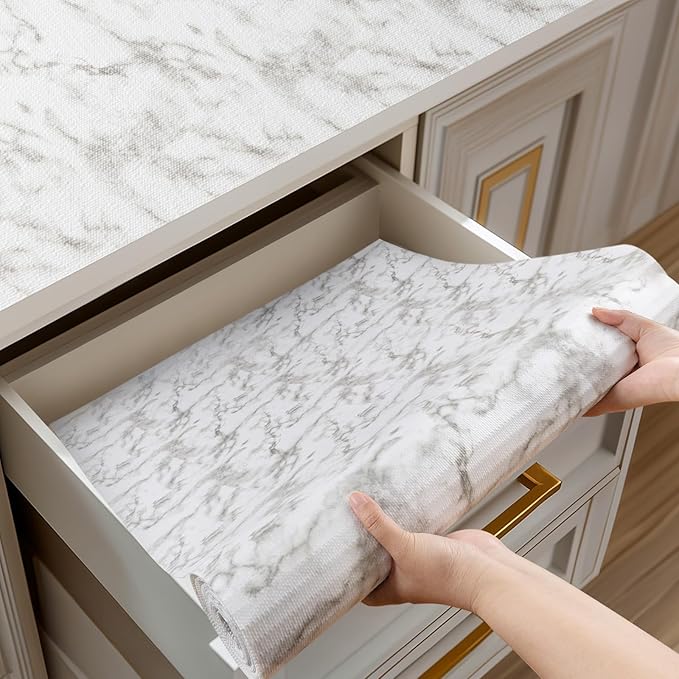 Shelf and Drawer Liner for Kitchen Cabinets Non-Adhesive, Strong Grip Non-Slip Thickened Cabinet Liners for Shelves, Waterproof Mats for Dresser Cupboard, Marble, 23 in x 30 Feet