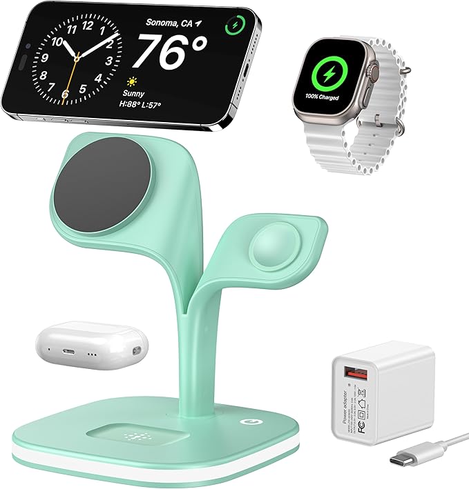 EXW Charging Station, Magnetic Wireless Charger,5 in 1 Fast Mag-Safe Wireless Charger Stand for iPhone 17/Air/16/15/14/13/12 Pro/Max/Mini/Plus, Apple Watch 10/9/ 8/7/6/SE/5/4/3/2 and Airpods 3/2/Pro
