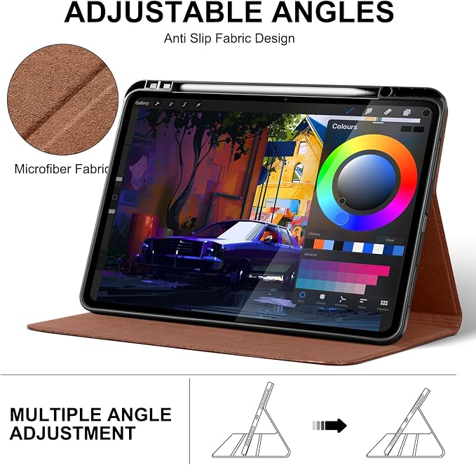 Leather Case for iPad Pro 13 Inch M5/M4 2025/2024Silver Black | Genuine Leather Cover with Pencil HolderProtective Smart Folio Auto Sleep/WakeShockproofAdjustable Stand