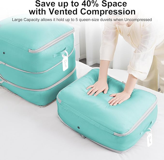 Comforter Storage Bag - Large Capacity Blanket Storage Bags 3-Layer Ultra Space Saving Self Compression Organizer, Washable Compression Bags for Storage Comforter Blanket, 4-Pack, Blue