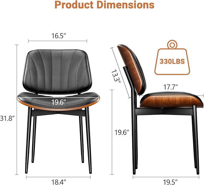 Dining Chairs Set of 4, Dining Room and Kitchen Chairs, FSC Certified Mid Century Modern Accent Chair, Upholstered PU Leather Chairs for Vanity with Walnut Bentwood and Metal Legs, Black