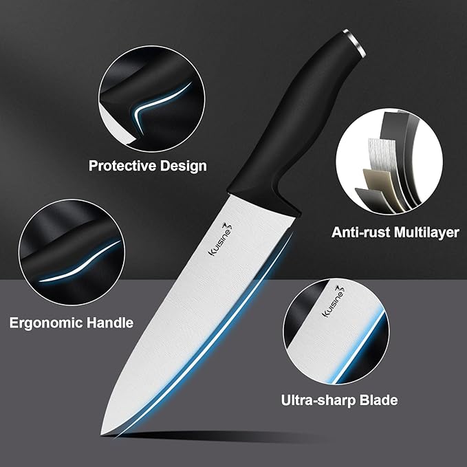 Kuisine Knife Set 15 pieces High Carbon Stainless Steel Professional Kitchen Knife block set with Sharpener Black